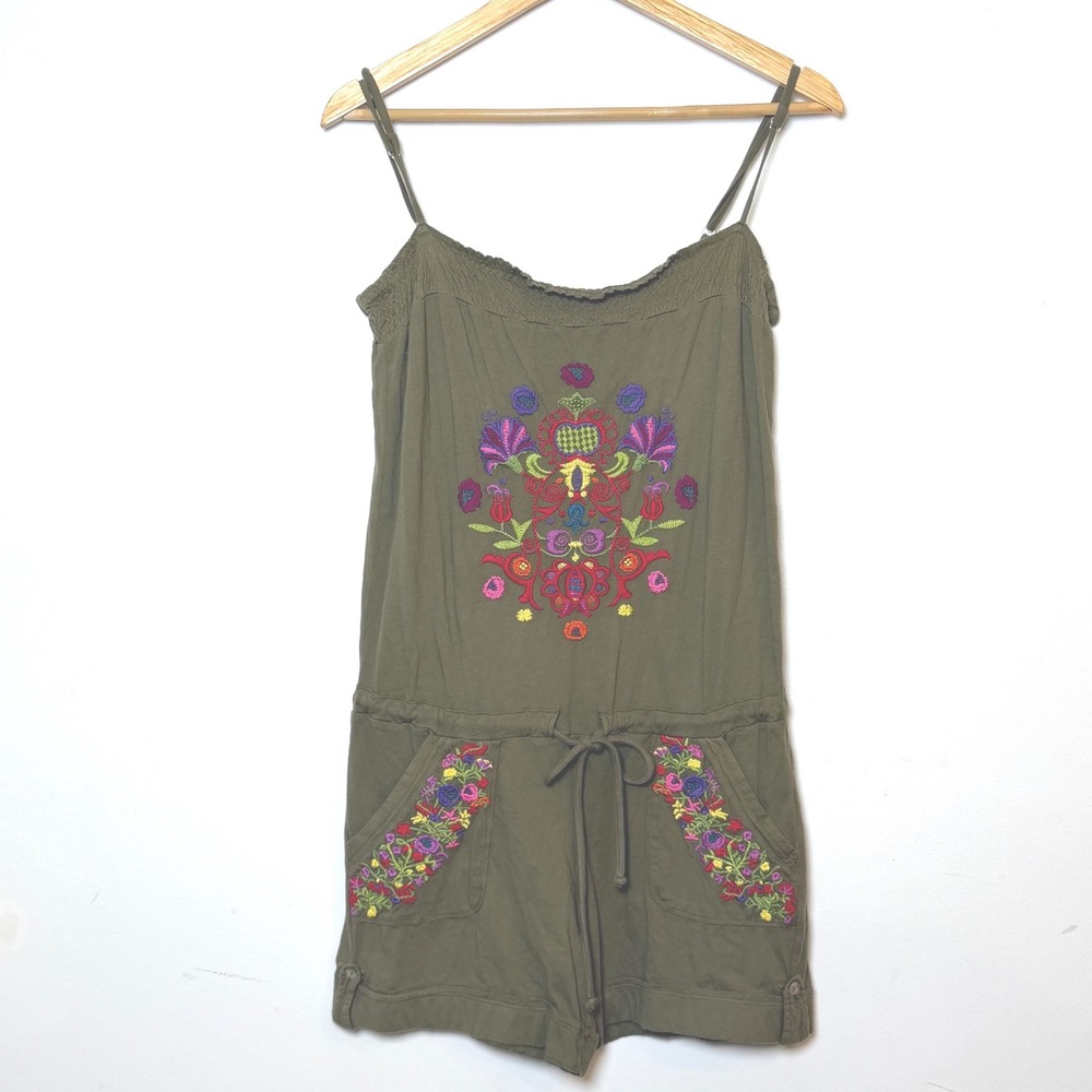 JW Los Angeles by Johnny Was Olive Green Embroidered Boho Romper Playsuit Size S